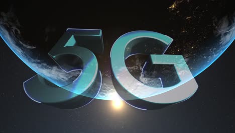 Digital-animation-of-5g-text-against-globe-and-spot-of-light-on-black-background