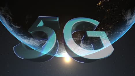 animación digital de texto 5g contra el globo y el punto de luz sobre fondo negro