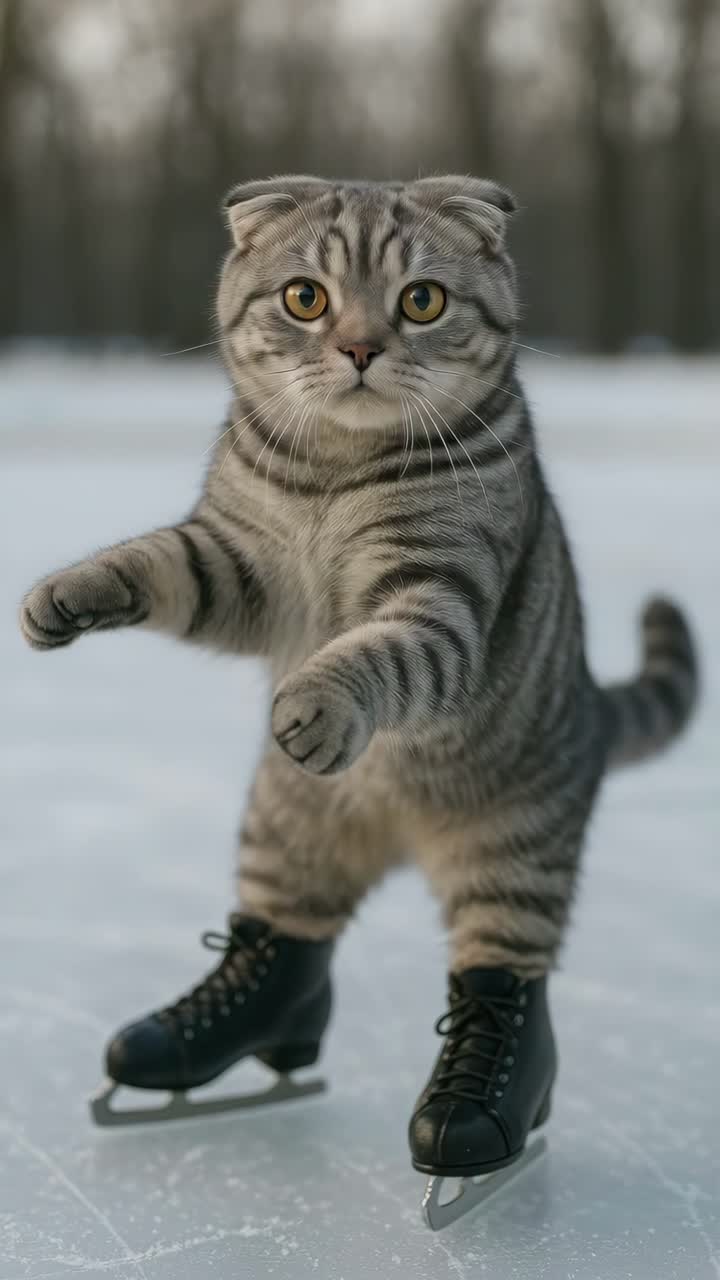 A playful video concept featuring a close-up, eye-level shot of a tabby cat on ice skates