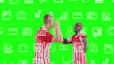 two soccer players high-fiving in green screen studio with floating finance charts and credit cards