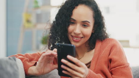 happy, woman and smartphone on couch