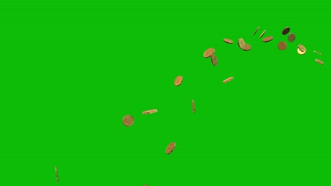 Gold-coins-thrown-up-from-the-right-side-and-falling-down,-like-jackpot,-on-green-screen-3D-animation