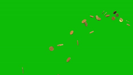 monedas de oro arrojadas desde el lado derecho y cayendo, como el premio mayor, en la pantalla verde animación 3d