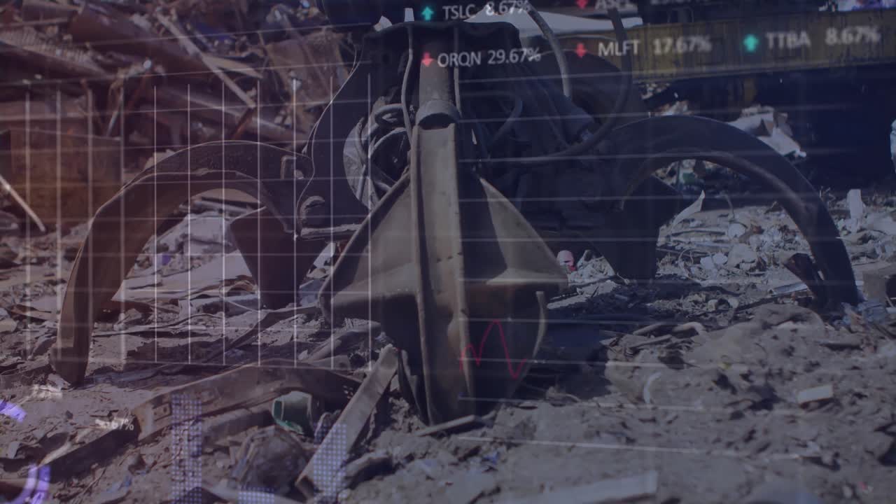 주식 시장 데이터 처리의 애니메이션은 쓰레기장에서 작동하는 자기 크레인에 의해