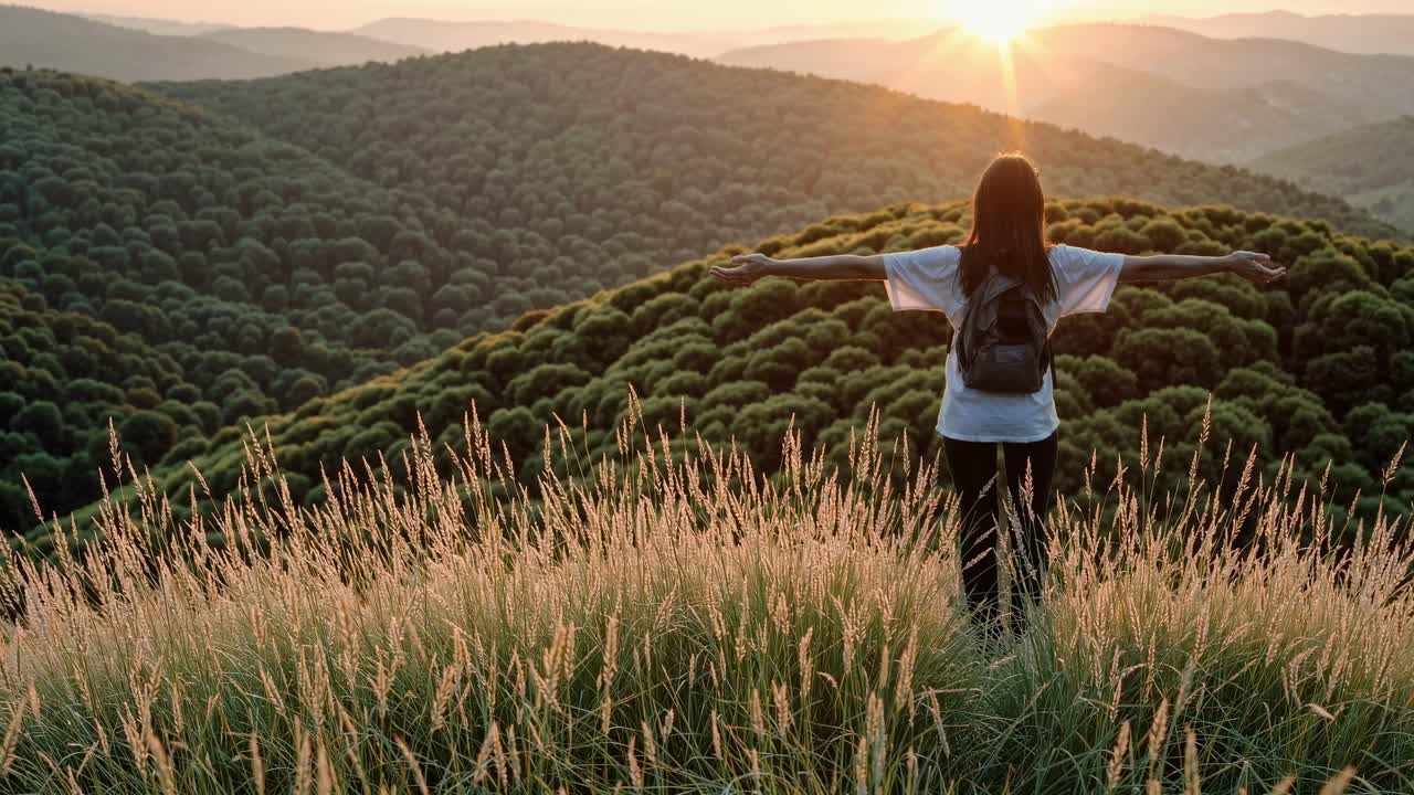 Aerial video style capturing a person with arms outstretched, standing in a field, overlooking lush