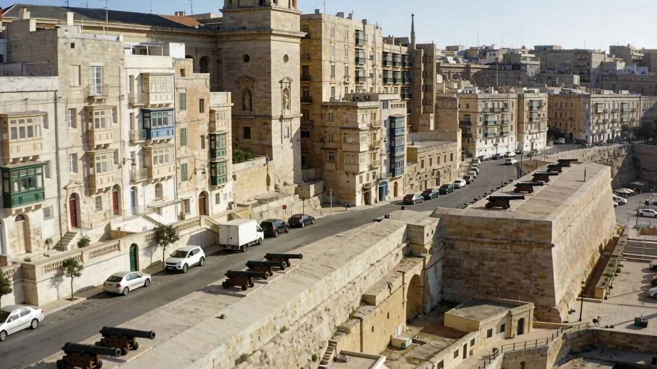 La telecamera inizia a panoramare attraverso un bastione di calcare sormontato da cannoni lungo la banchina, rivelando il porto.