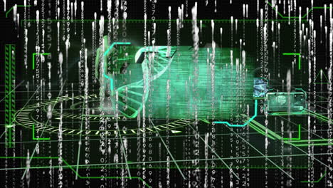 animation of data processing over digital human and dna strand on black background