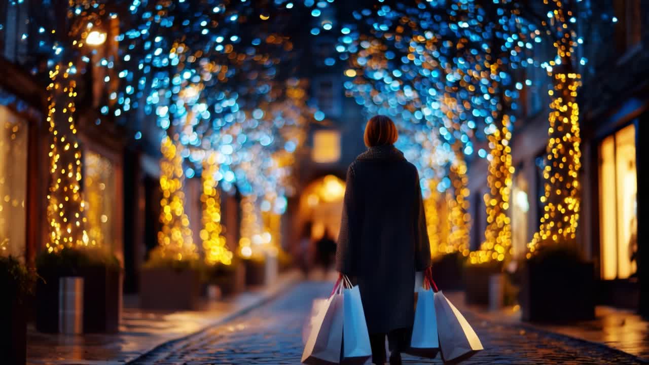 A serene evening shopping stroll under illuminated festive lights, as a person walks down a beautifully decorated pathway filled with sparkling holiday decorations and colorful ambiance