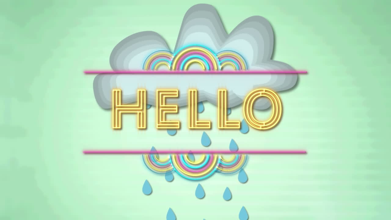 녹색 배경에 비가 내리는 구름 위에 안 ⁇ 하세요 텍스트의 애니메이션