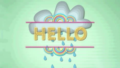 animación de texto de saludo sobre nube con lluvia sobre fondo verde