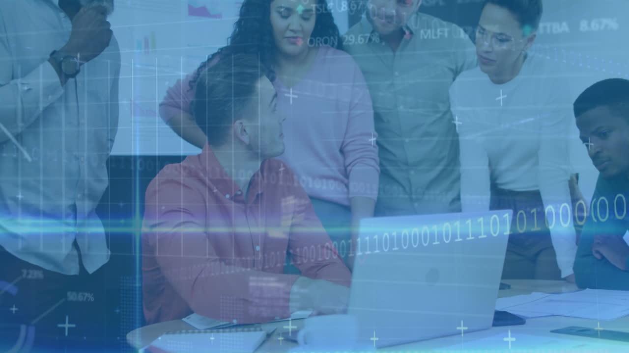 Diverse team collaborating at office with digital data processing animation overlay