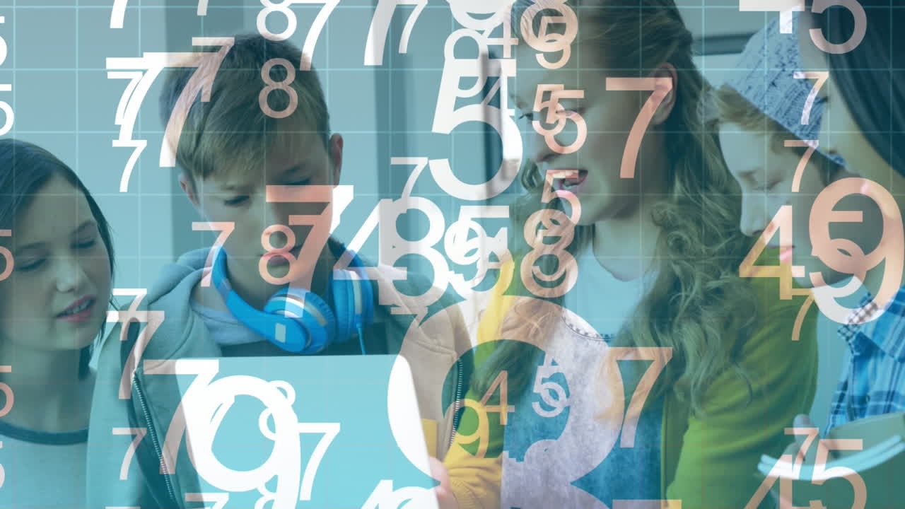 Students and teacher looking at laptop screen together while numbers move