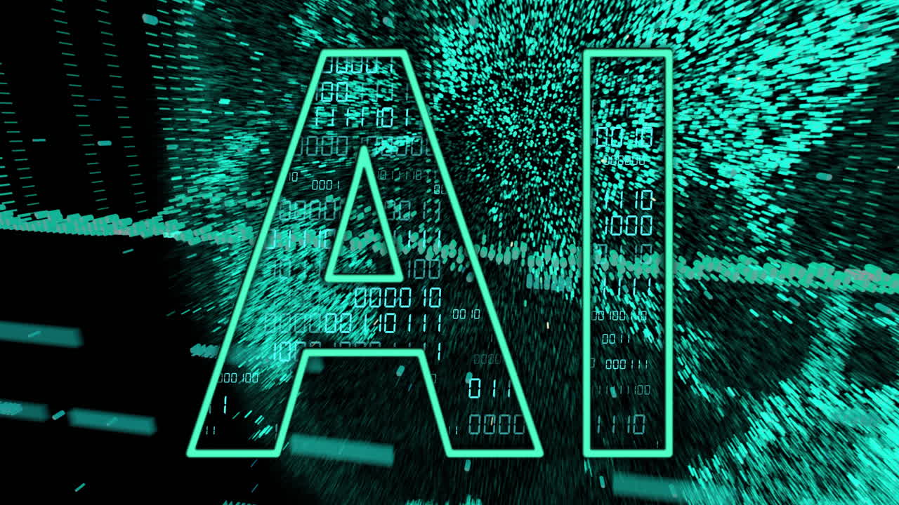 Animation of ai text, binary coding and data processing over dark background