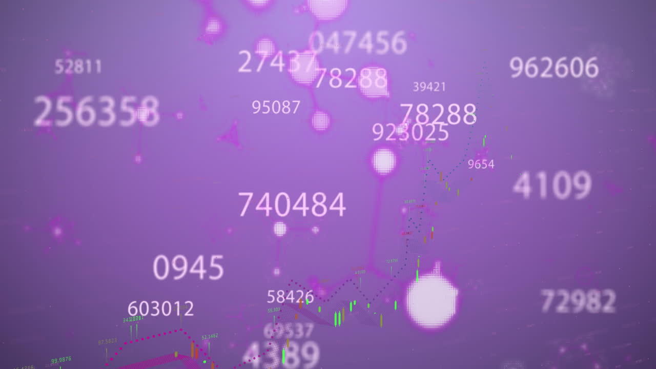 animación de números y procesamiento de datos financieros sobre fondo púrpura
