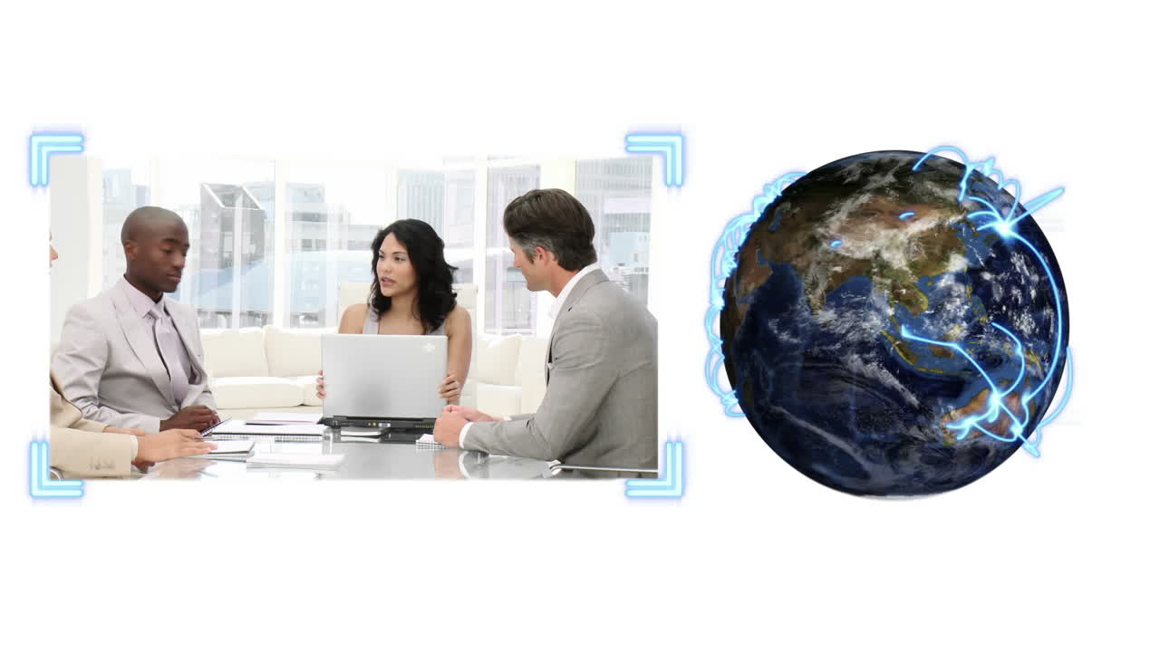 la tierra pasa a través de la pantalla y un video de la gente de negocios con la imagen de la tierra cortesía de nasa.org