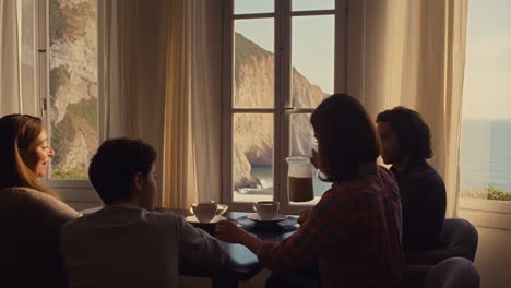 family having coffee with a scenic view