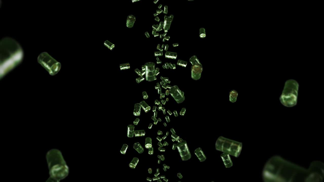Flying many old fuel drums on black background. Chemical industry, Metal barrels. 3D animation of oil tank rotating. Loop animation.