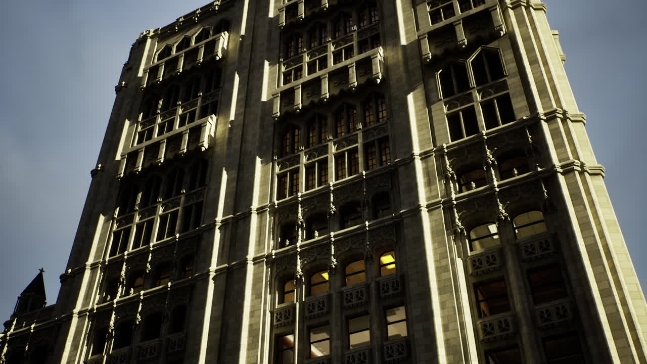 Historic architecture of a tall building reflecting sunlight at dusk