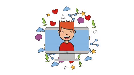 joven en la pantalla de la computadora iconas de trabajo en la red