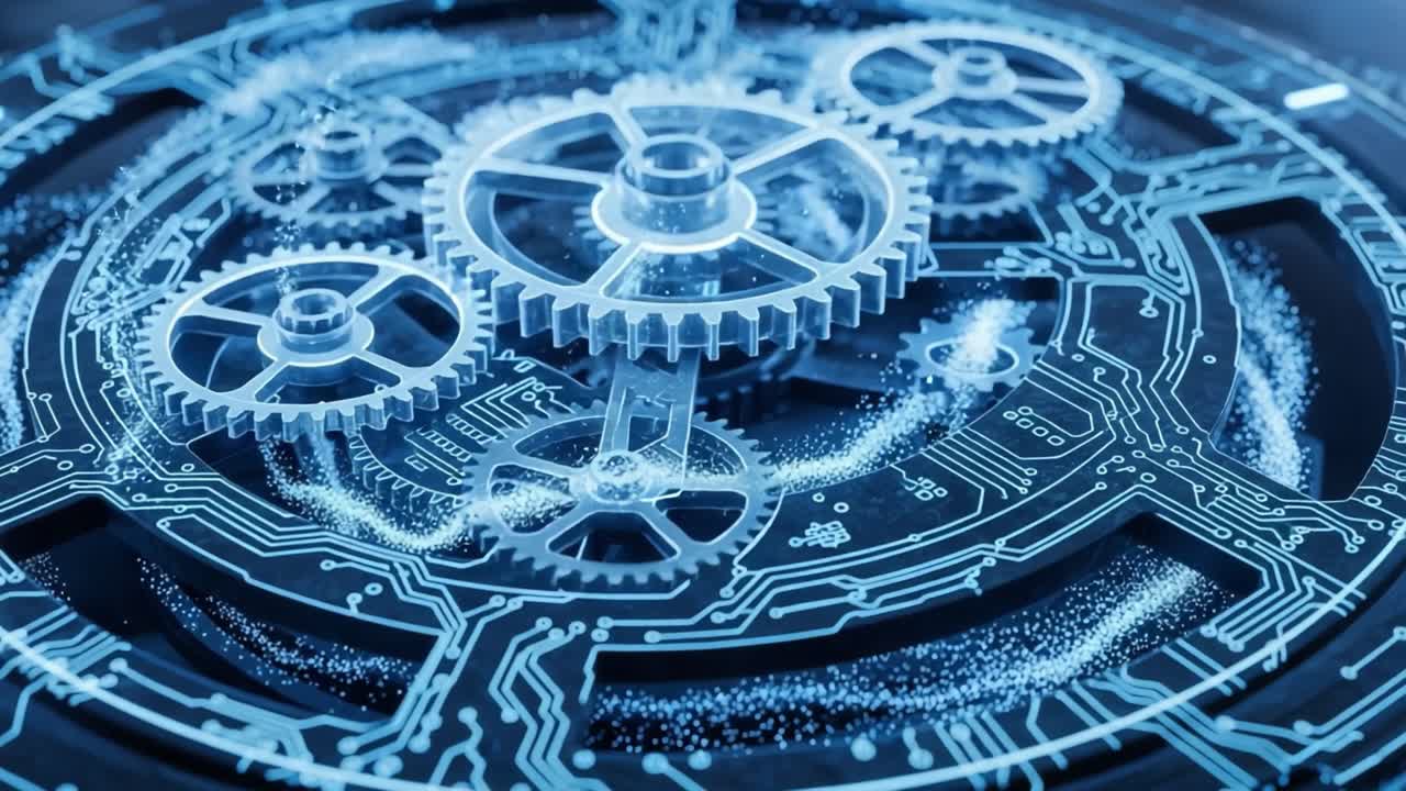 Futuristic Mechanism: A Stunning Close-Up of Interlocking Gears and Circuit Patterns, Blending Technology with Classic Engineering in a Striking Visualization