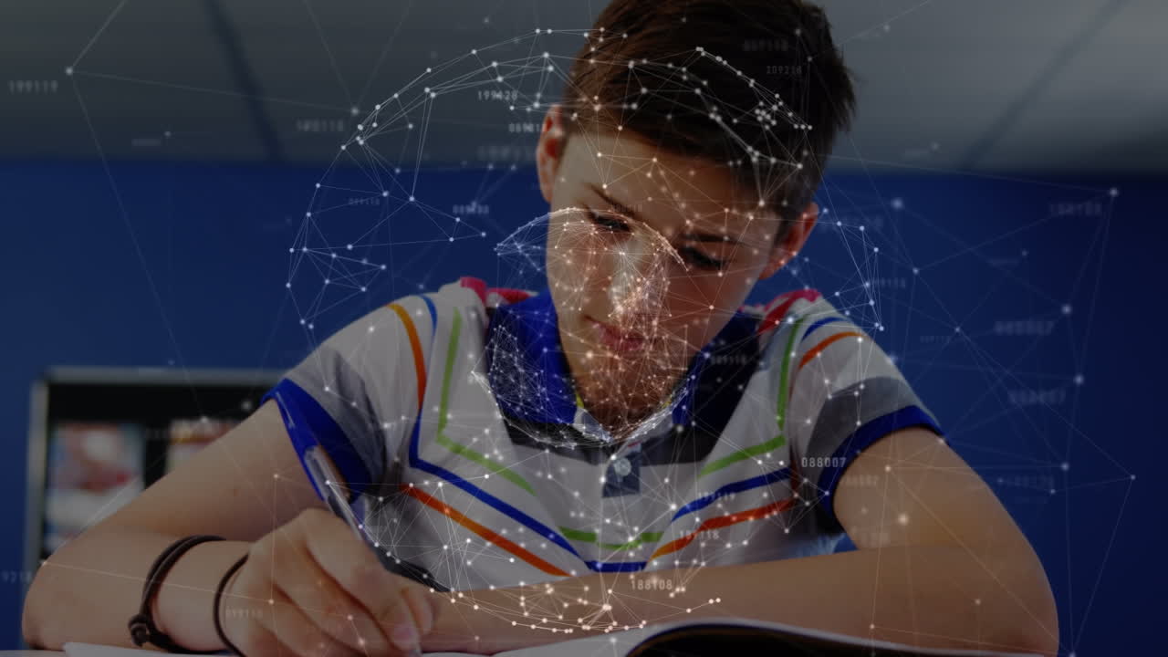 Animation of data processing over caucasian male student writing