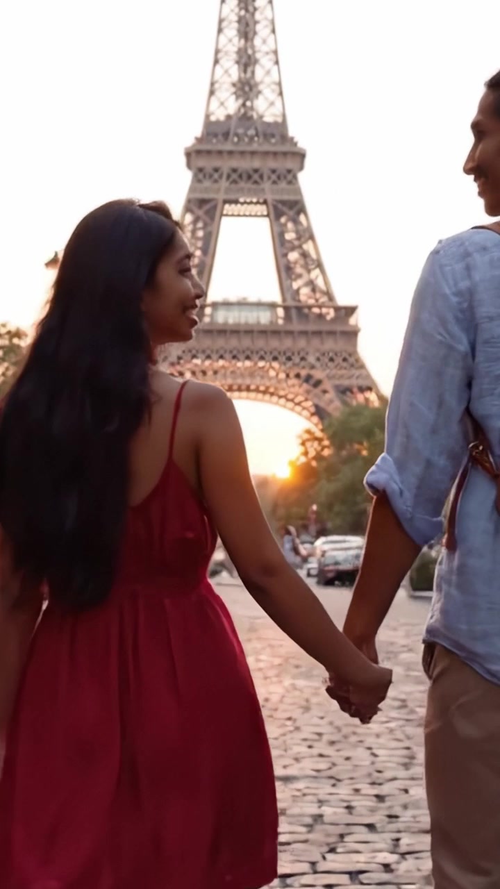 Romanttinen kävelyretki Eiffel-tornin alla: Ikuistaen intiimin hetken pariskunnan välillä auringonlaskun aikaan Pariisissa, korostaen rakkautta ja yhteyttä kauniissa kaupunkimaisemassa.
