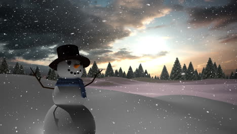 animation of snowman and snow falling over snowy landscape