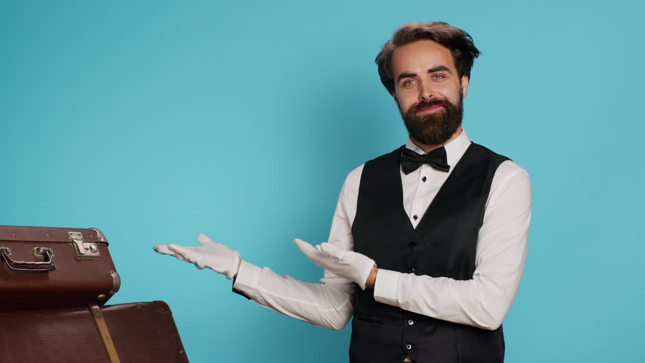 Doorkeeper shows left side in studio