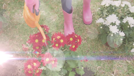 spots of light against mid section of a woman watering plants in the garden