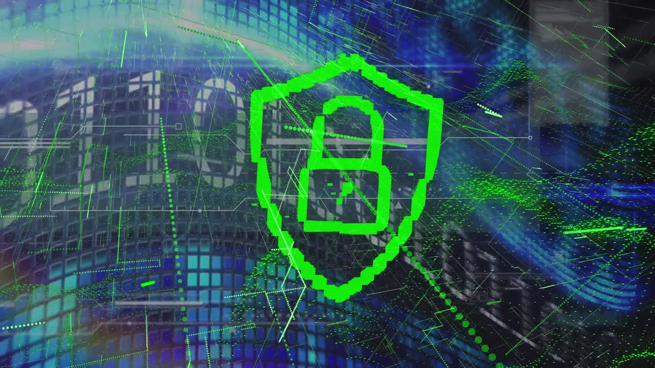animación de candado digital y líneas verdes sobre código binario en exhibición