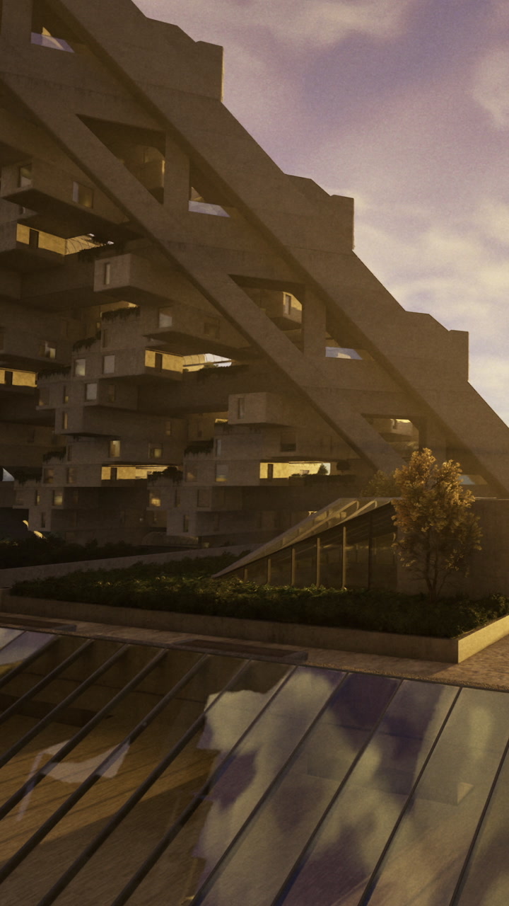 Urban structure with modern design during sunset near public space