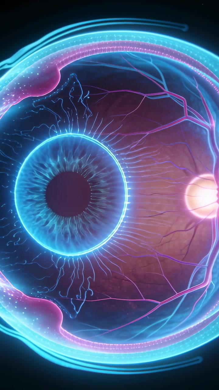 Video verticale: Modello di occhio rotante che rivela l'anatomia interna, iride al neon, pupilla, vasi, disco ottico