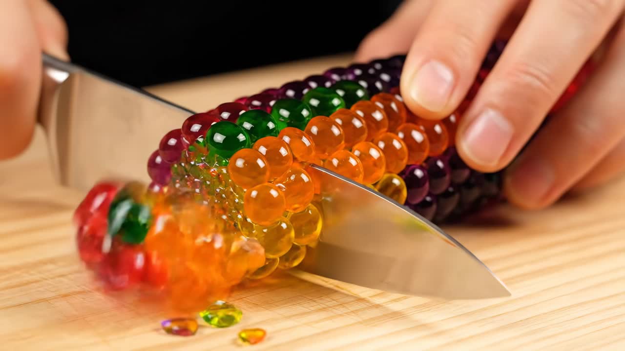 Cutting rainbow corn on a wooden board