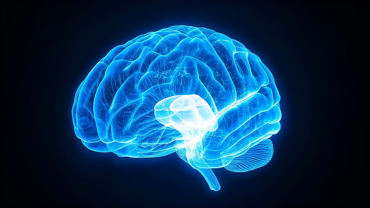 Rotating on playback, blue brain tilting and revealing glowing core in dark hologram void for study