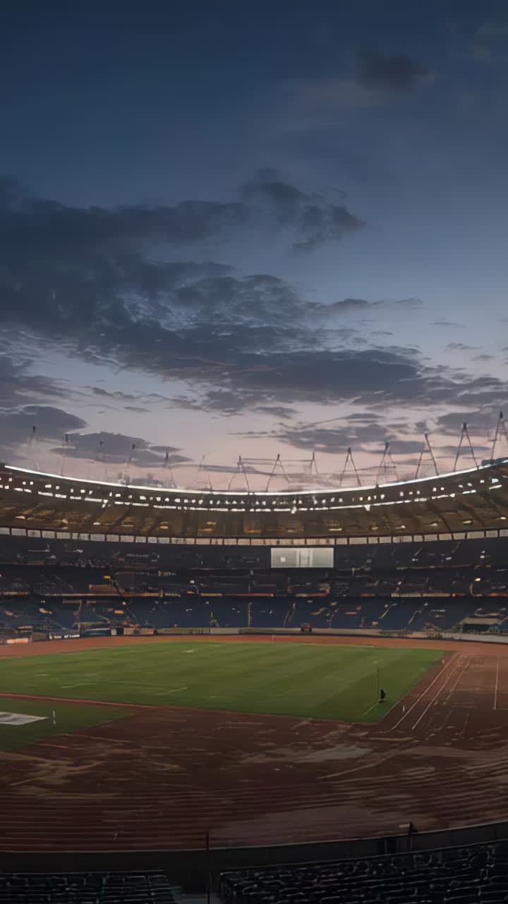Vertical video: Walking worker inspecting track under floodlights at stadium nightfall, copy space