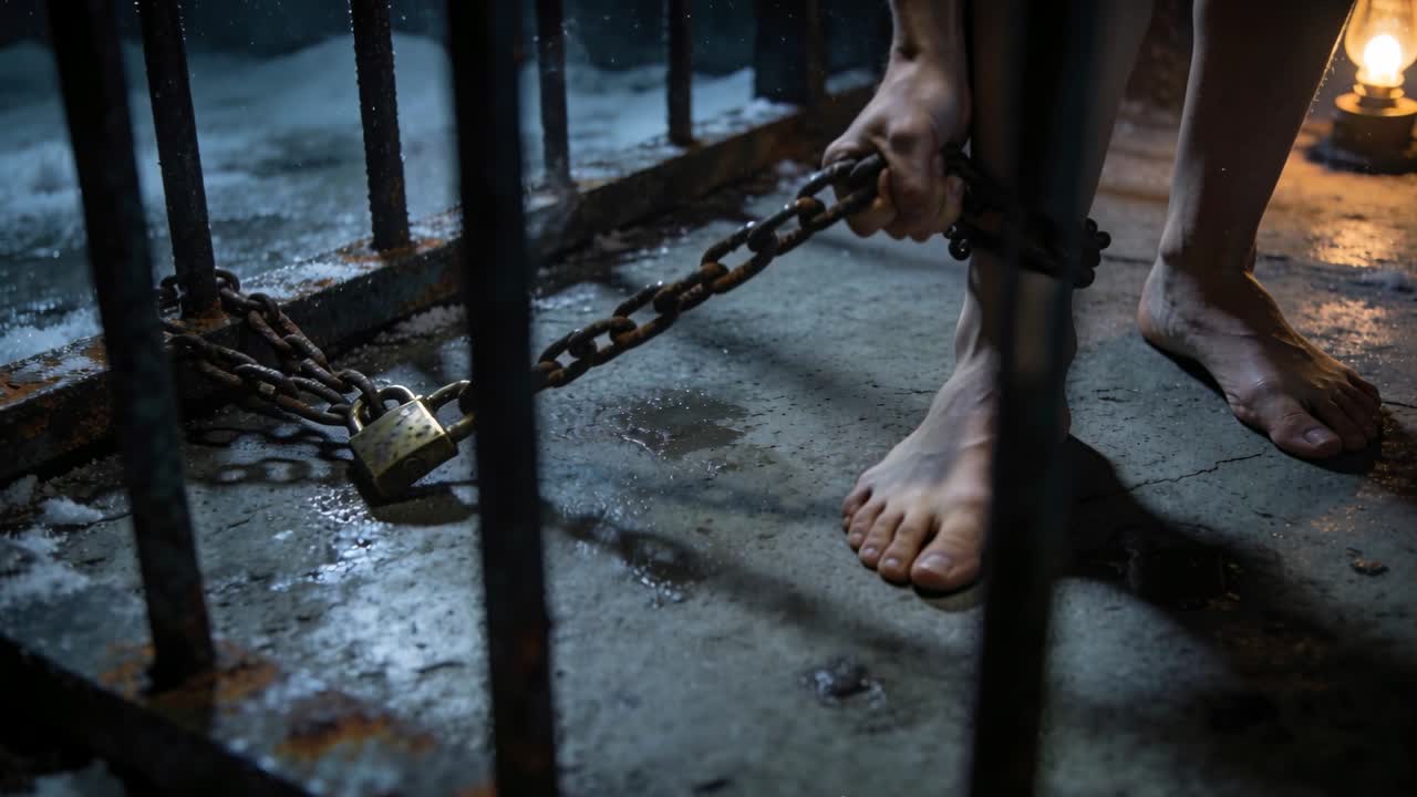 Un detenuto che si china e tira una catena nella cella, avvicinando il lucchetto per sbloccarlo per sicurezza.
