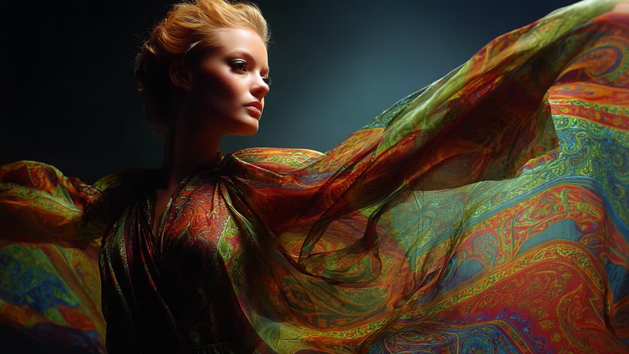 A Stunning Portrait of Graceful Movement: An Enchanting Woman Dressed in a Colorful Flowing Garment, Captured in a Dramatic Pose with Elegant Fabrics Billowing Around Her, Showcasing Fluidity and Beauty