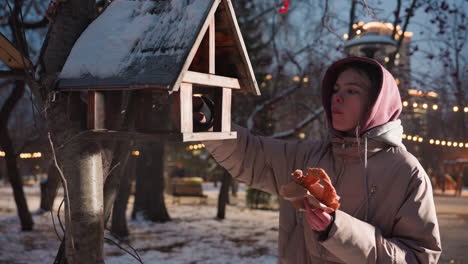 young girl standing outdoors in winter park, dropping food into bird house while surrounded by snow, city park lights shining in background, warm winter vibes