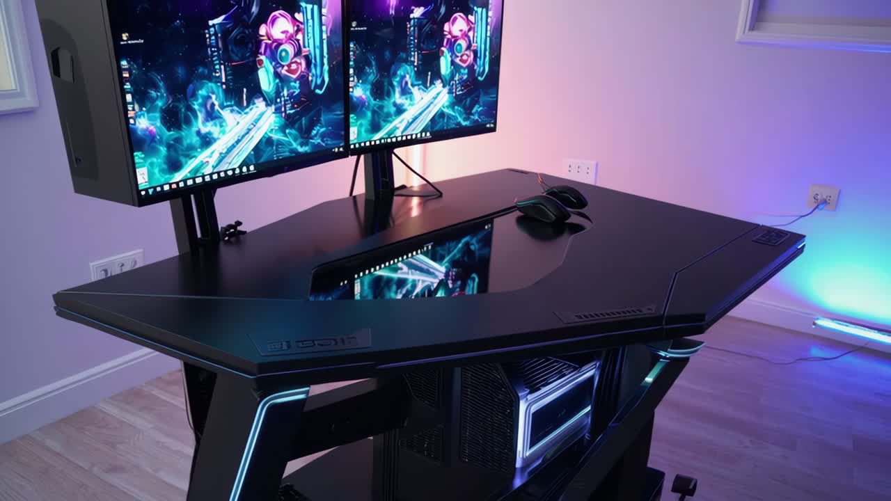 Sleek Desktop PC Integrated into a Gaming Desk with Vibrant RGB Lighting
