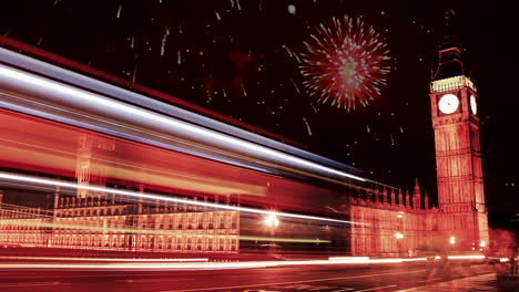 Reloj-Big-Ben-Por-La-Noche,-Londres,-Reino-Unido,-Europa,-Torre-Británica,-Arquitectura,-Famoso-Monumento-Nacional-Histórico,-Efecto-De-Reemplazo-Del-Cielo-De-Fuegos-Artificiales-Nocturnos,-Atracción-Internacional,-Paisaje-Urbano,-Larga-Exposición