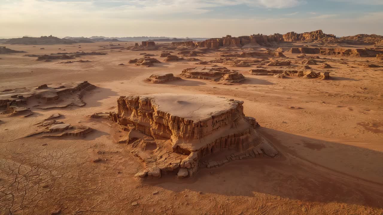 Dronekamera trækker sig tilbage og afslører stort, fladt sandstensplateauberg i ørkenen for at vise et bredt panorama