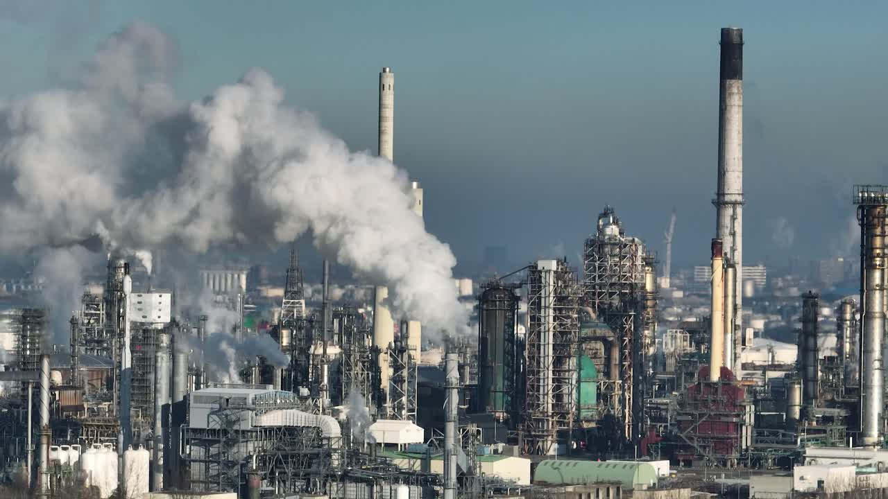 Factories and chimneys emitting greenhouse gases at Port of Rotterdam - aerial