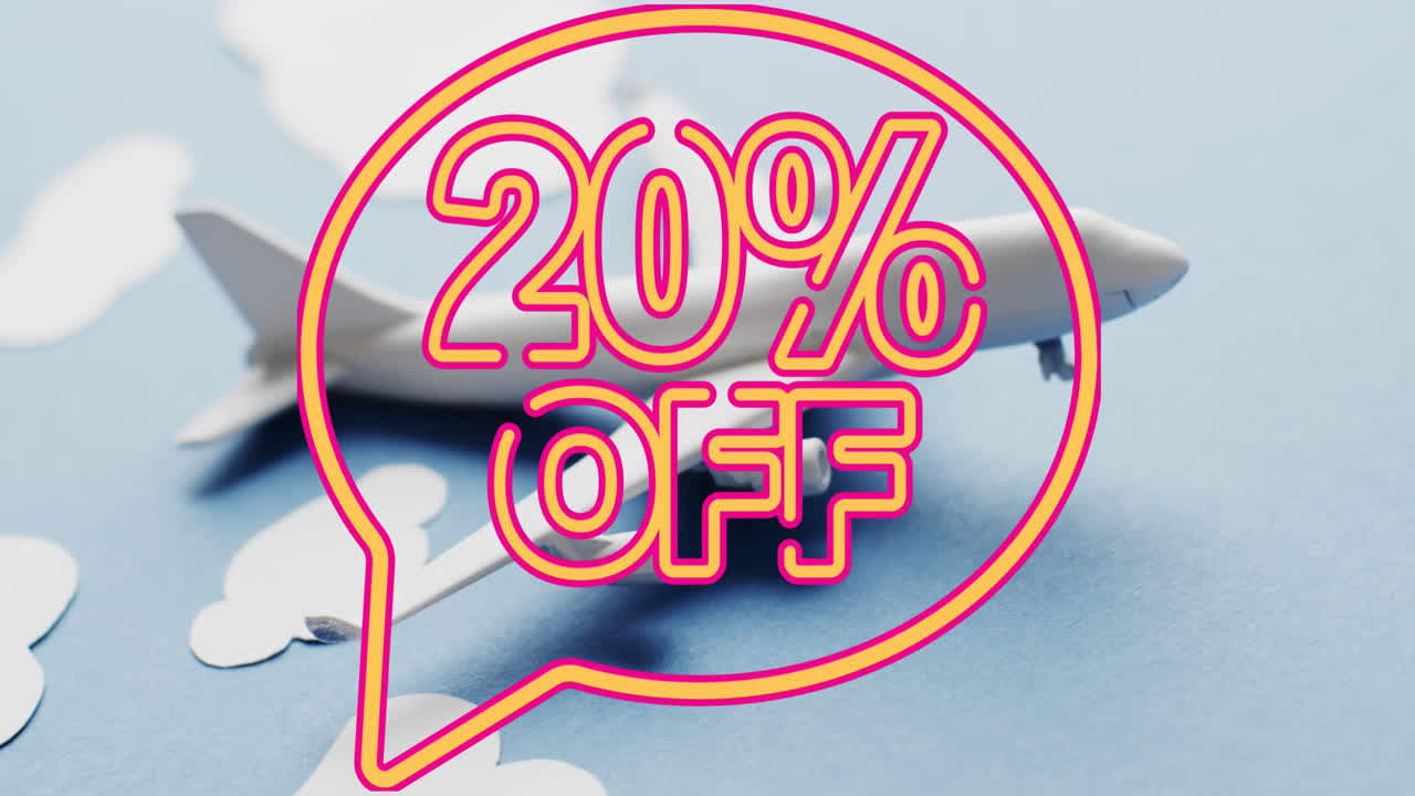 animación de 20 por ciento de texto sobre modelo de avión con nubes en fondo azul