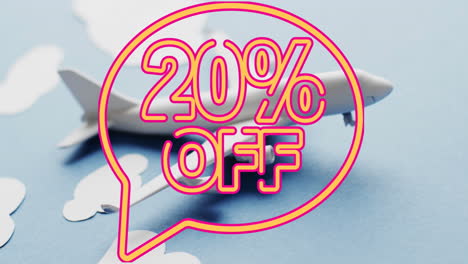 animation of 20 percent off text over plane model with clouds on blue background