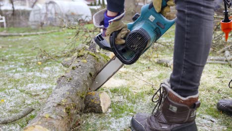 person wearing safety gloves using electric chainsaw to cut tree trunk