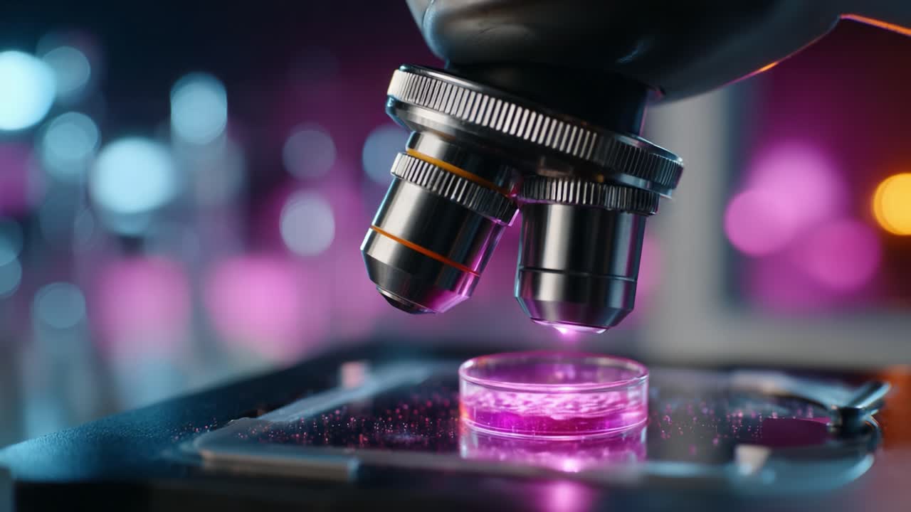 Close-up View of a Microscope Examining a Petri Dish with Vibrant Pink Liquid Under Advanced Lighting Conditions for Scientific Research Purposes