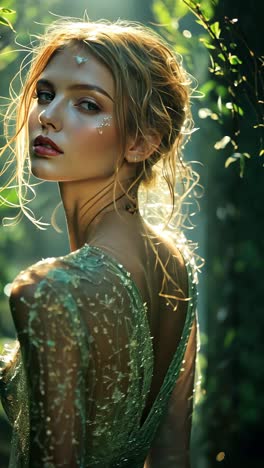 enchanting woman in a forest wearing a delicate gown filled with light