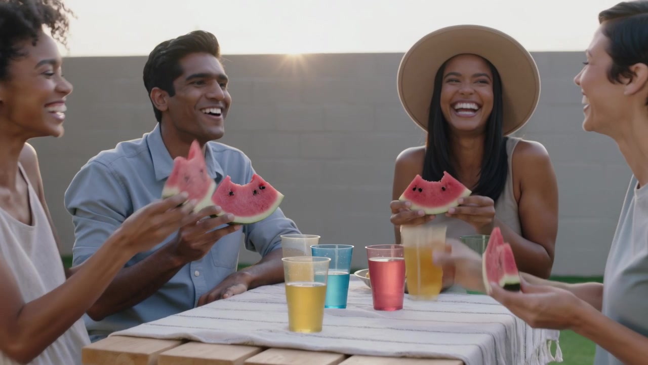 Lifting watermelon slices and cups, friends biting and toasting at yard picnic table, wide-brim hat