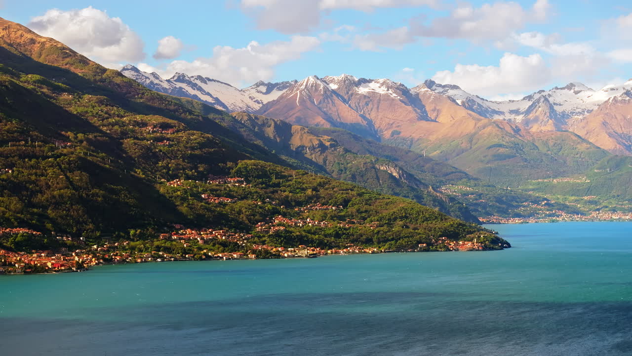 Aerial drone view of Varenna, Italy and Lake Como in daylight