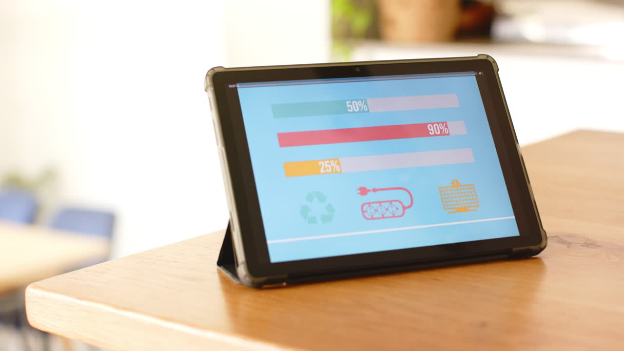 A tablet displaying colorful bars and icons sits on wooden table